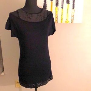 Adrienne Vittadini black cocktail top with sequined neckline and along bottom